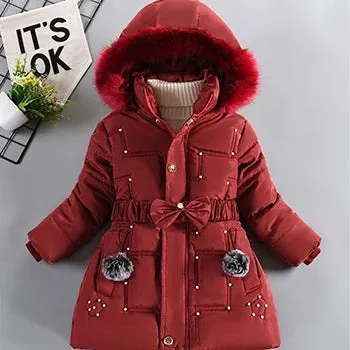 Winter Girls Jacket Fur Collar Warm Princess Coat Hooded Zipper Windproof Kids Outerwear Snowsuit 4-12 Years