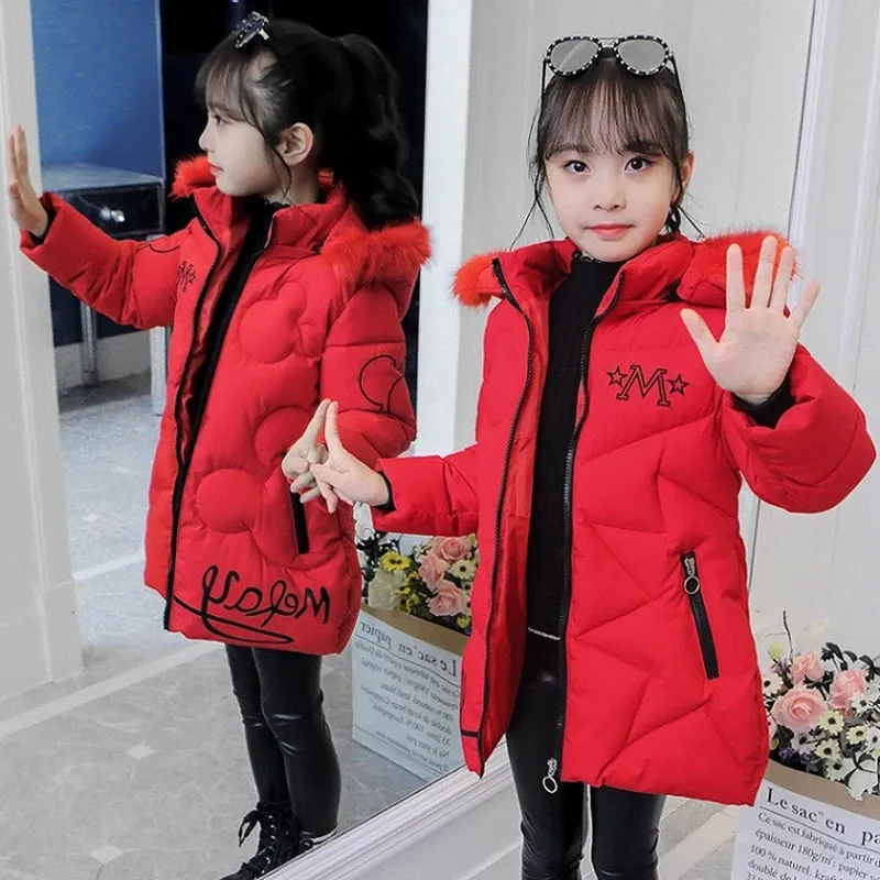 Winter Girls Jacket Fur Collar Warm Princess Coat Hooded Zipper Windproof Kids Outerwear Snowsuit 4-12 Years