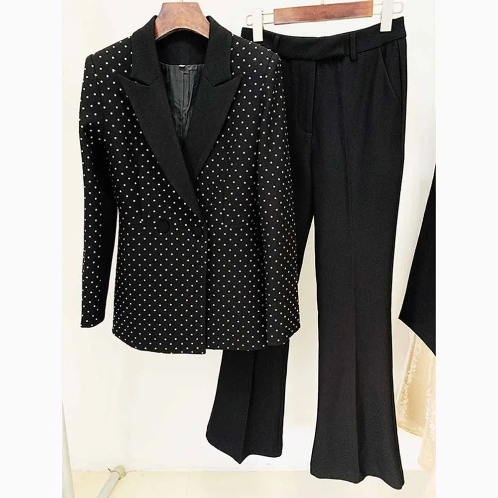 Women Black Pantsuits hot drilling Flare Bottoms Two Pieces Pants Set