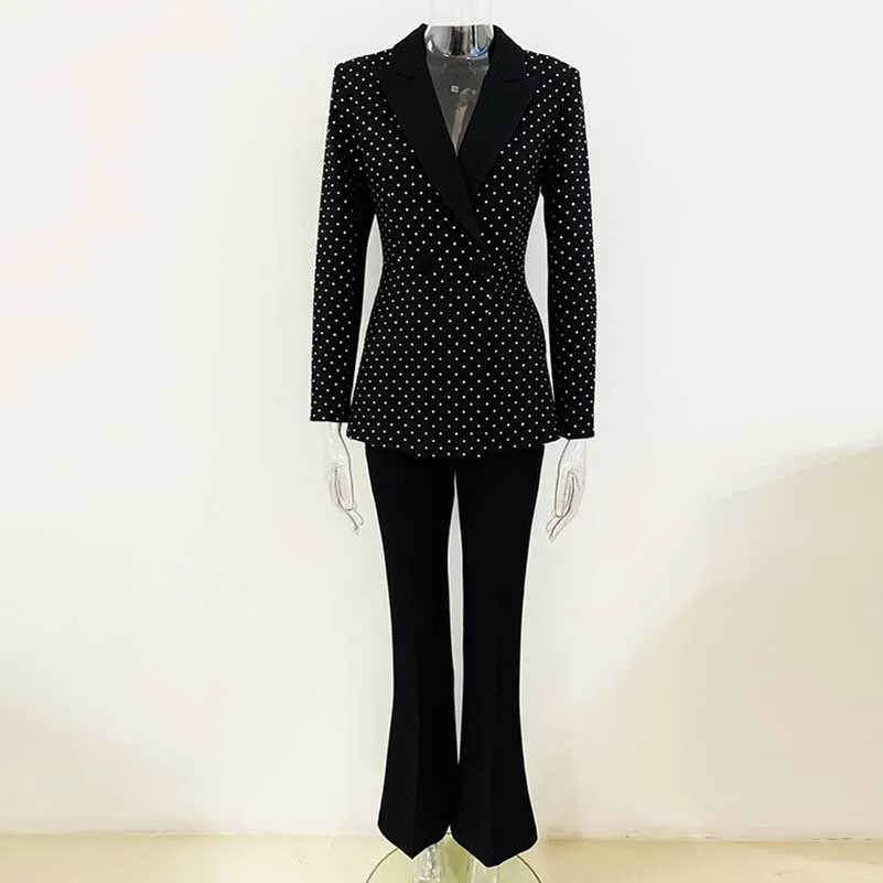 Women Black Pantsuits hot drilling Flare Bottoms Two Pieces Pants Set