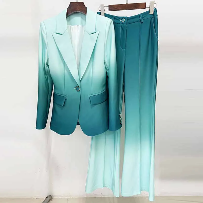 Women Luxury Gradient Ombre Blazer   Mid-High Rise Flare Trousers Suit Pants Suit