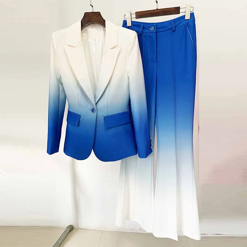 Women Luxury Gradient Ombre Blazer   Mid-High Rise Flare Trousers Suit Pants Suit