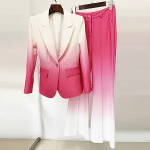 Women Luxury Gradient Ombre Blazer   Mid-High Rise Flare Trousers Suit Pants Suit