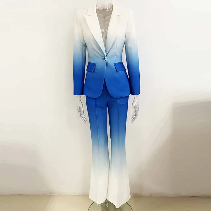 Women Luxury Gradient Ombre Blazer   Mid-High Rise Flare Trousers Suit Pants Suit