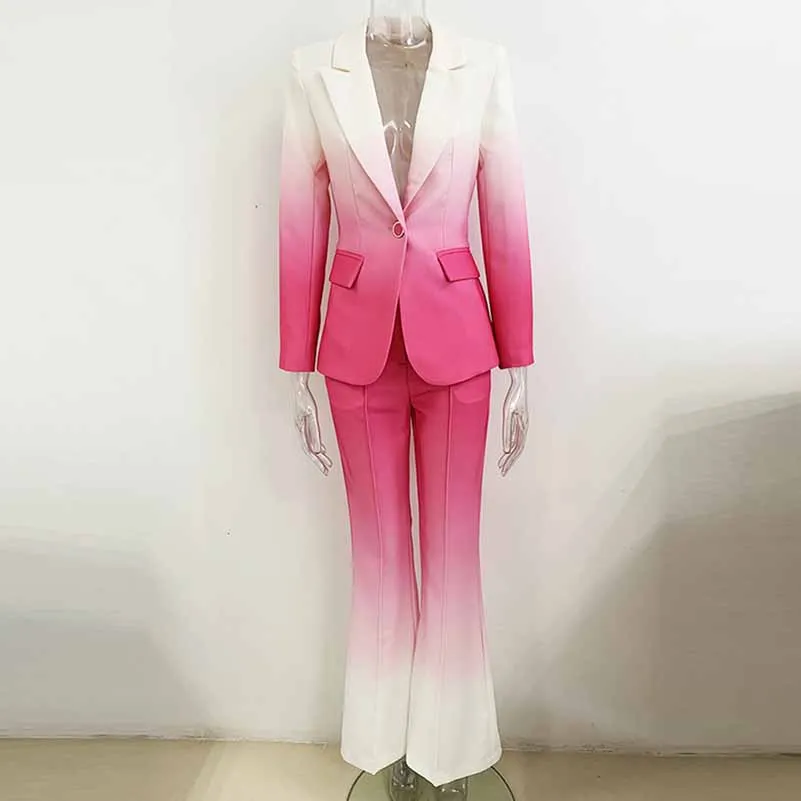 Women Luxury Gradient Ombre Blazer   Mid-High Rise Flare Trousers Suit Pants Suit