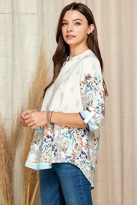 Women Multi Floral Gabby Collar Roll Up Sleeve Top