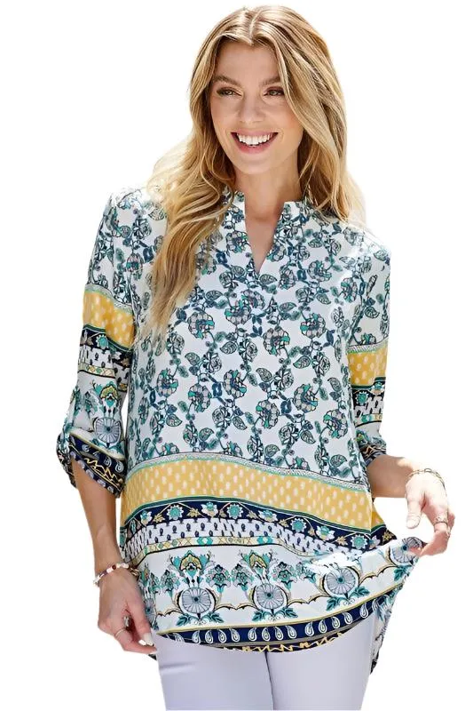 Women Multi Floral Gabby Collar Roll Up Sleeve Top