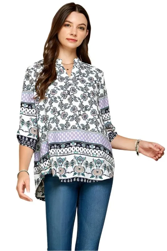 Women Multi Floral Gabby Collar Roll Up Sleeve Top