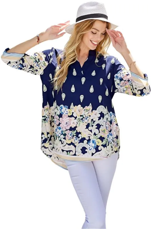 Women Multi Floral Gabby Collar Roll Up Sleeve Top