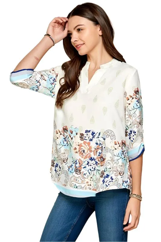 Women Multi Floral Gabby Collar Roll Up Sleeve Top