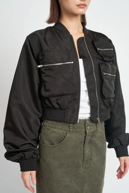 Womens Cropped Bomber Jackets Black Brown