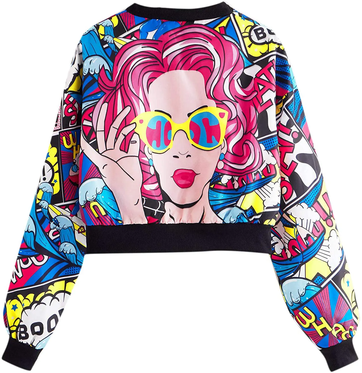 Women's Fashion Long Sleeve Comic Print Crop Bomber Zipper Jacket