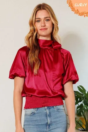 Women's Waist Smocked Solid Satin Blouse